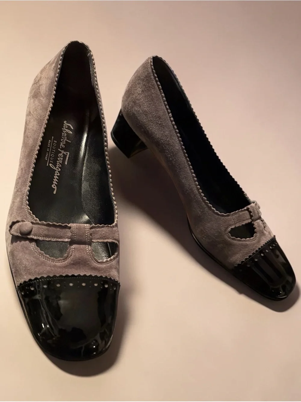 Vintage Salvatore Ferragamo Grey Suede Pumps with Black Patent Cap Toe